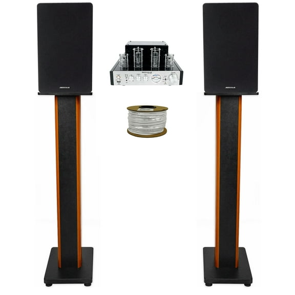 Rockville BluTube Tube Amplifier+6.5" Black Bookshelf Speakers+36" Wood Stands + Rockville BLUE 14G50 OFC 14 Gauge 50 Foot 100% Copper Speaker Wire