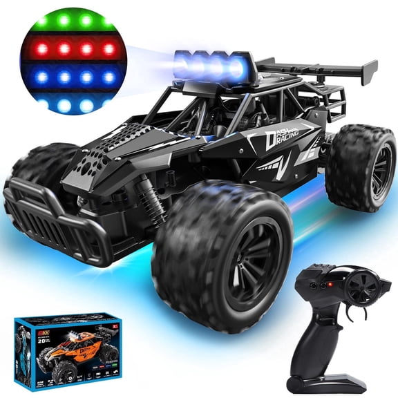 WonderStone 1:16 RC Cars, Alloy Remote Control Truck with LED Headlight and 2 Rechargeable Batteries, High Speed Adjustable 2.4 GHz Monster Trucks for Boys Kids Adult Gifts 3-12, Black