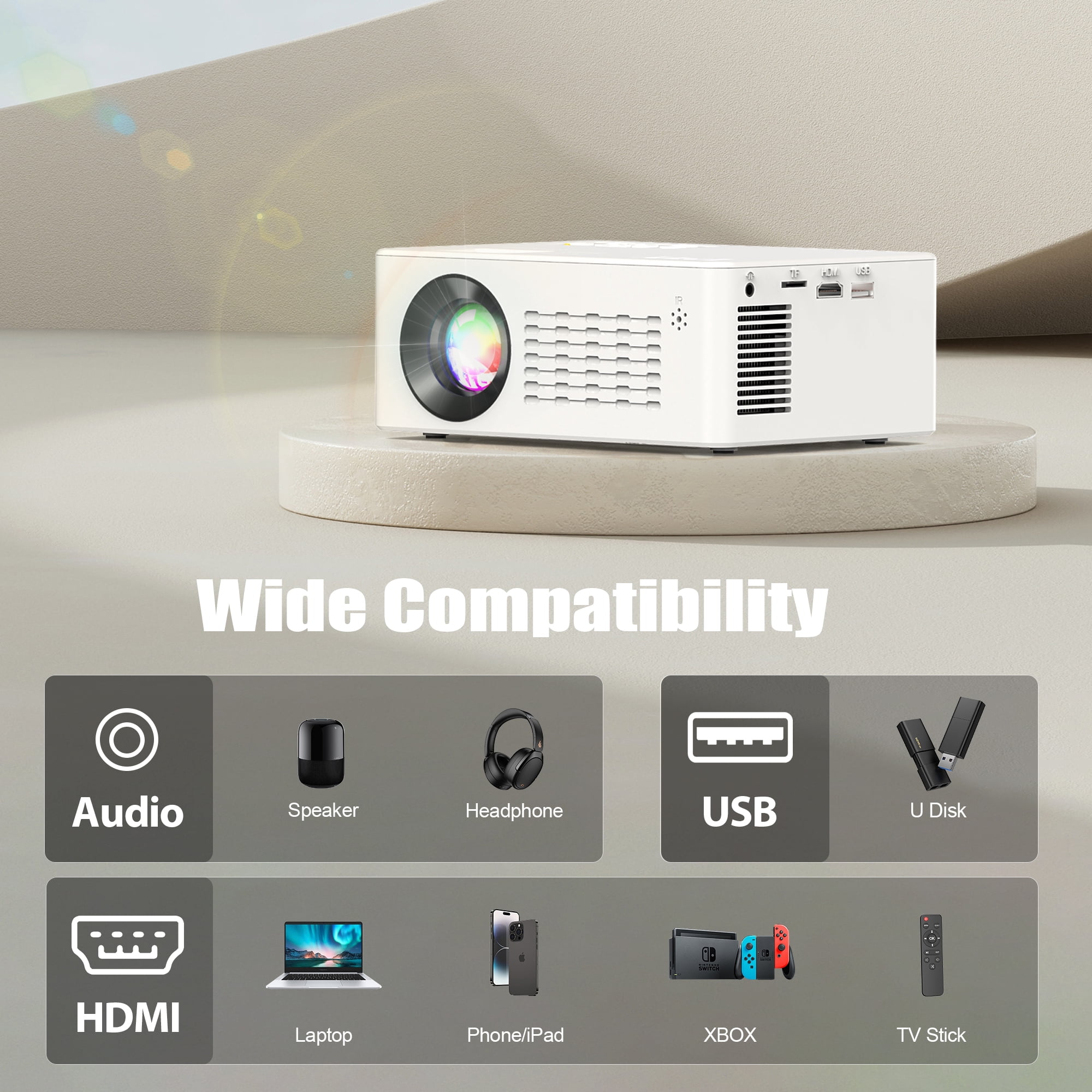 GCZ Mini Projector, Projector with WiFi and Bluetooth, 1080P Full HD Support, Compatible with TV Stick/Phone/HDMI