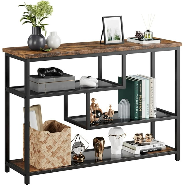 39.4" Narrow Console Table with 4 Glass Shelves - Rustic Brown Entryway Table with Metal Frame for Hallway, Living Room & Bedroom