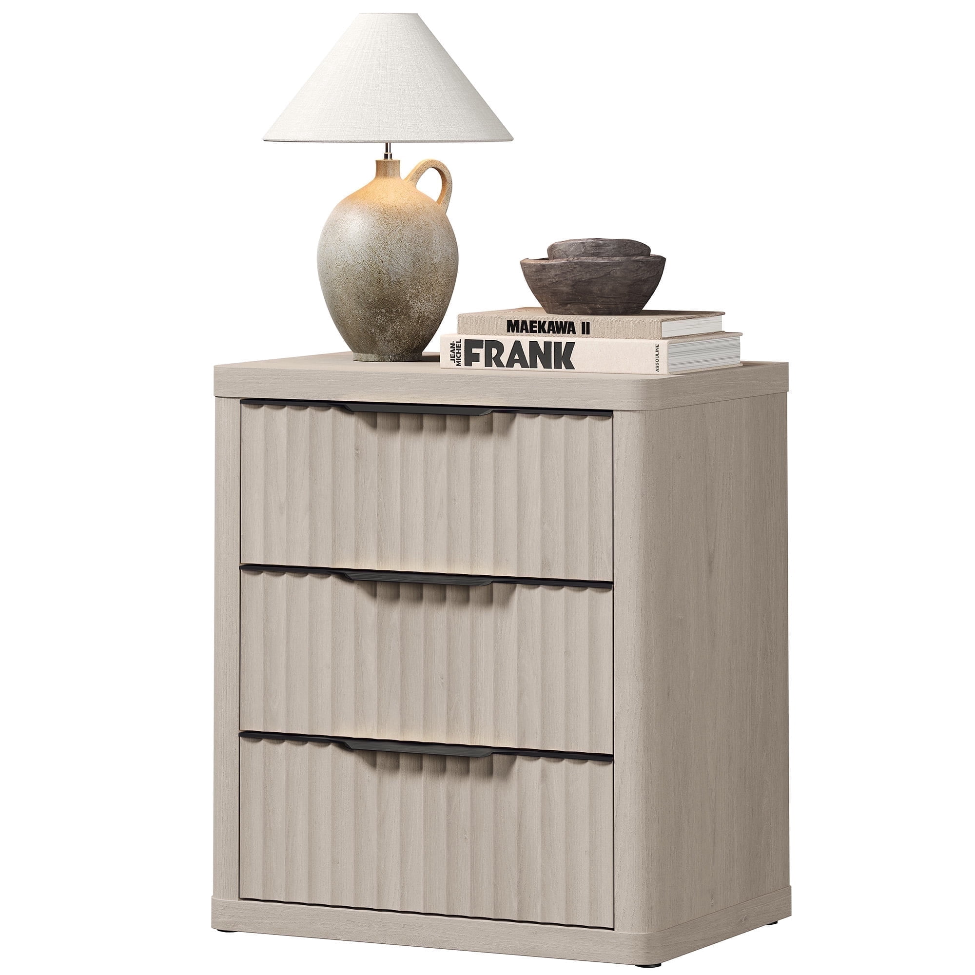 SICOTAS 23”W Farmhouse Nightstands with 3 Fluted Drawers & Black Handles, Wood Bedside Table for Bedroom, End Table for Living Room in Light Grey Alder