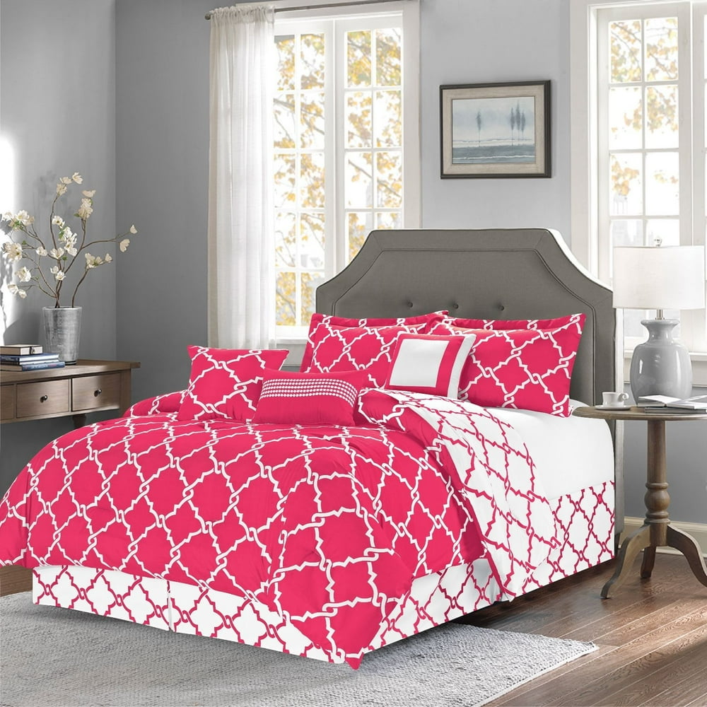 7Piece Reversible Geometric Galaxy Comforter Set Oversized Hot Pink