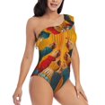 thumbnail image 3 of Uemuo Colorful Sweaters And Strings Print Women's One Piece Swimsuit Asymmetrical Neck Bathing Suit One Shoulder Side Cutout Ruffle Swimwear-Medium, 3 of 6