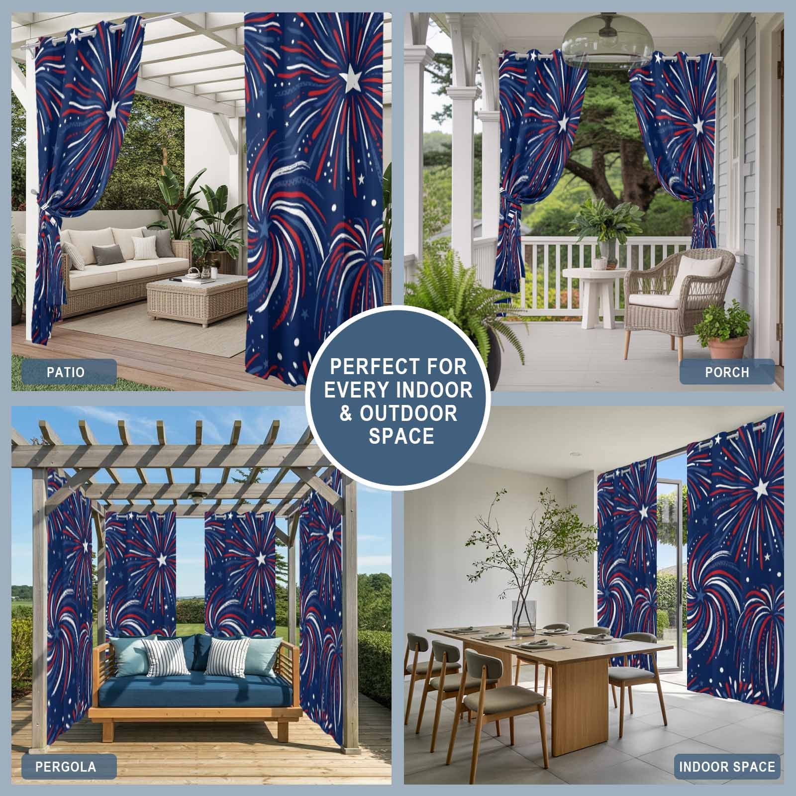 Independence Day Outdoor Curtains for Patio, U. S. Flag Cartoon Firework Graffiti Patriotic Sunshade Privacy Drapes Grommet Waterproof Outside Curtains for Porch/Cabana/Balcony 54"x 108", 1 Panel