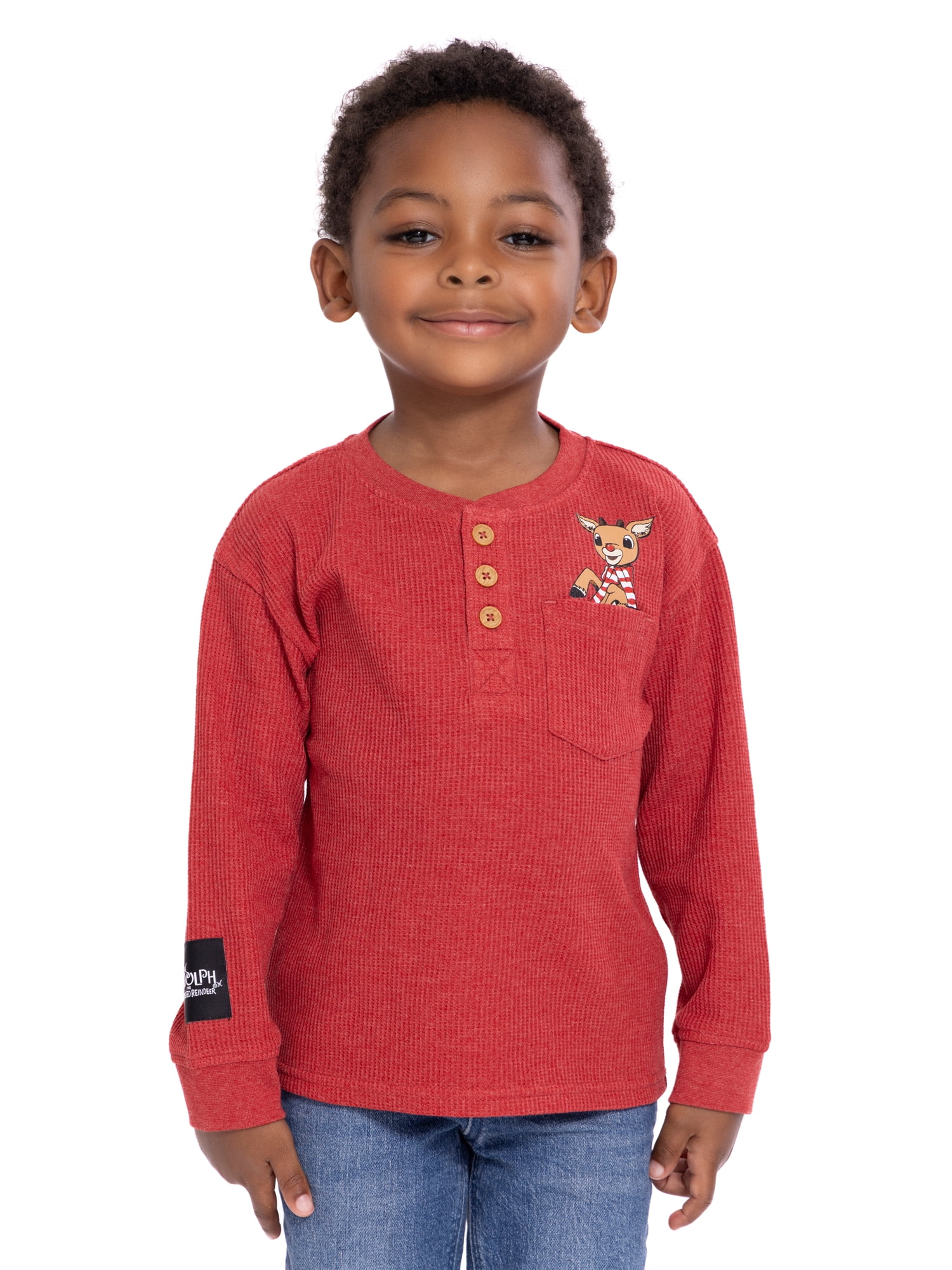 Rudolph the Red-Nosed Reindeer Toddler Boys Thermal Henley Shirt with Long Sleeves, Sizes 12M-5T