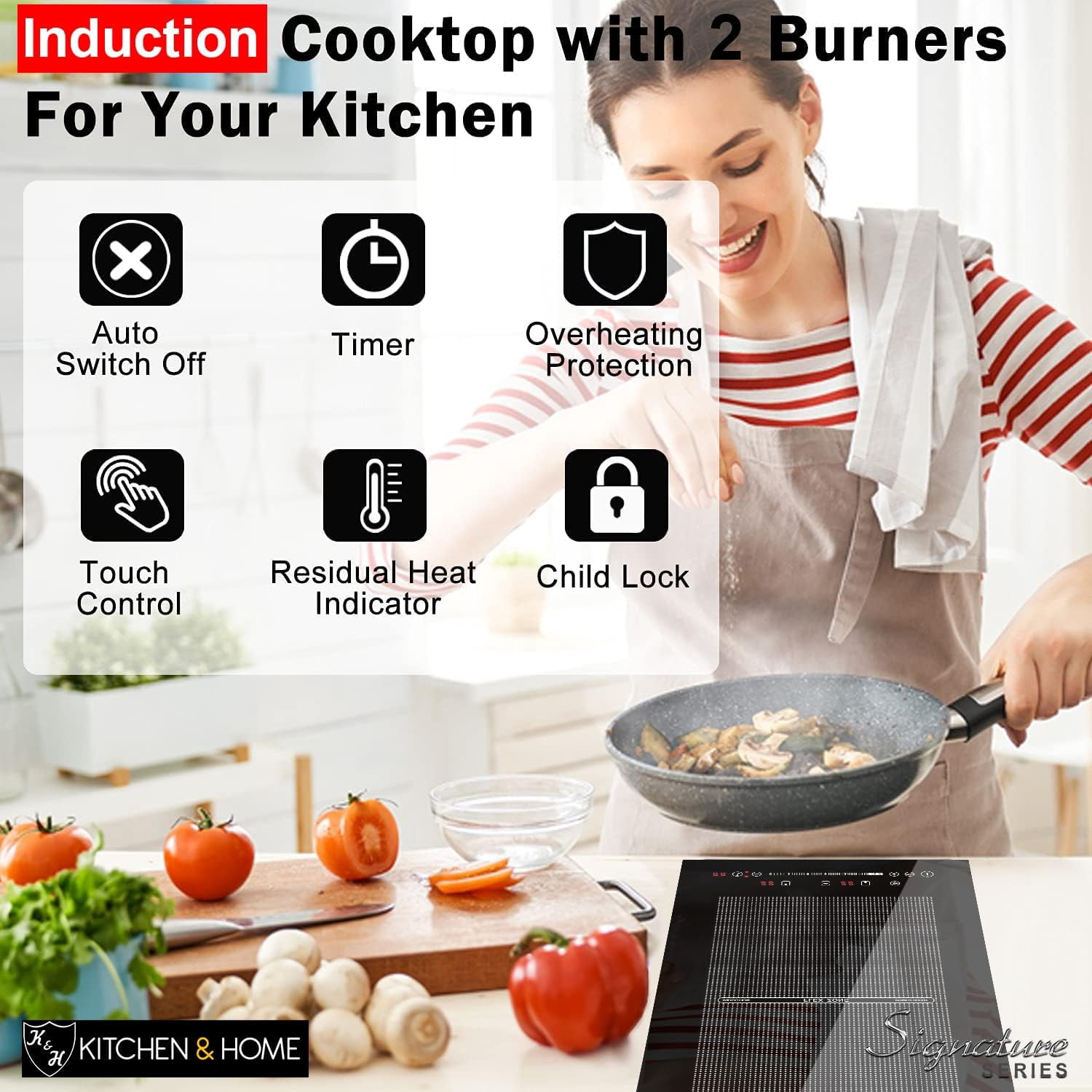 K&H SIGNATURE SERIES 2 Burner 12 Inch Built-in FLEX Electric Stove Top Ceramic Cooktop 220V 3400W IN12-3400FLX