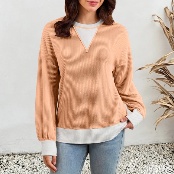 Warop Women's Colorblock Knit Sweater Round Neck Twist Texture Long Sleeve Pullover Loose Fit Top for Winter