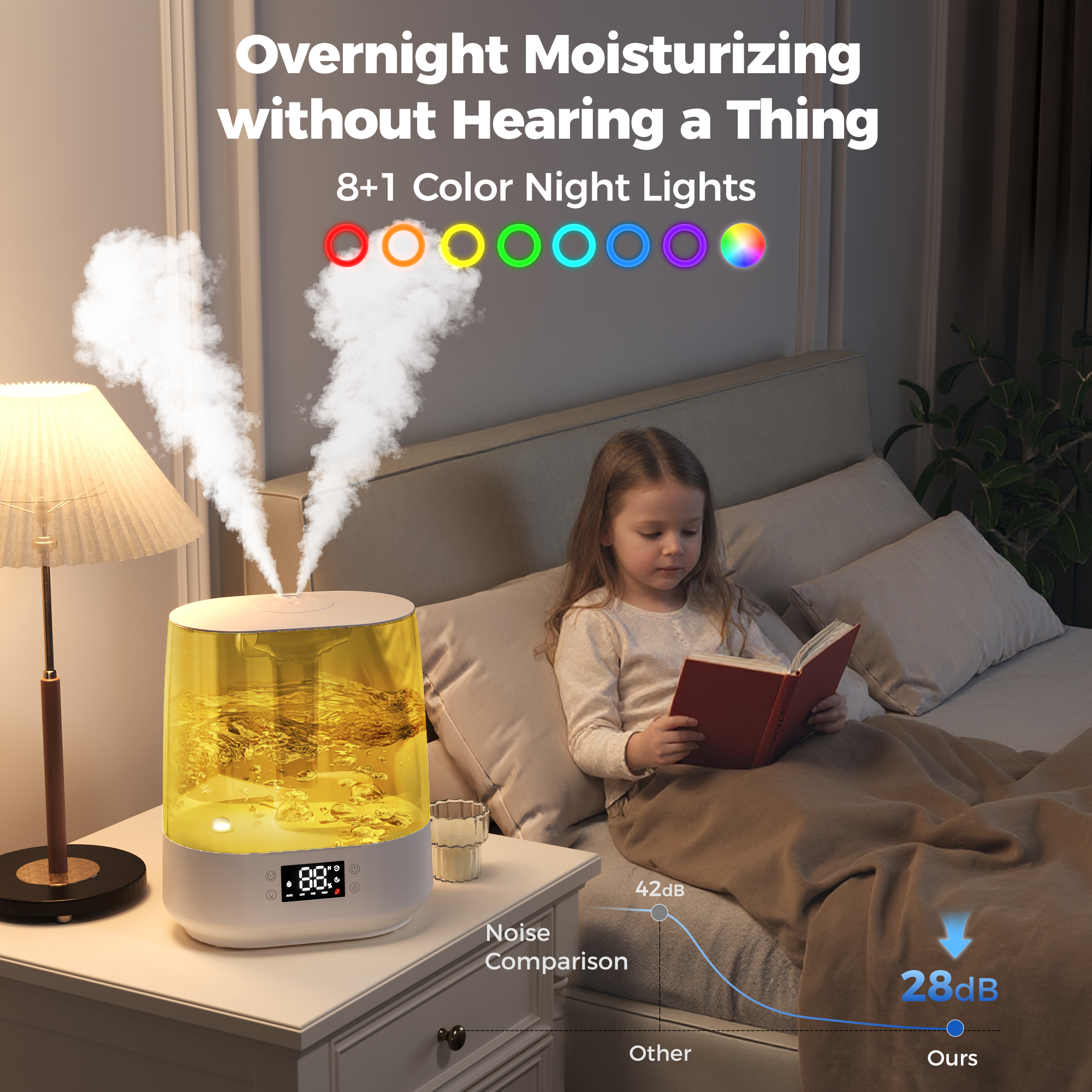 6L Humidifiers for Bedroom Baby Room, Cool Mist Ultrasonic Humidifier with Humidity Sensor, Top Fill 60H & 28dB Quiet Runtime, 8+1 Color Night Lights, 360° Dual Nozzle--Gray