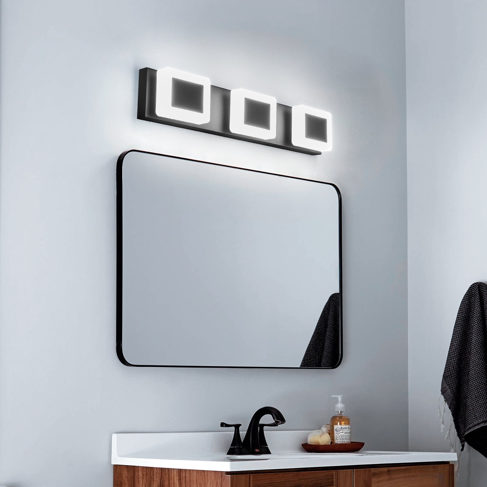 LMQNINE 3-Light Dimmable LED Bathroom Vanity Light Over Mirror,Fog and Corrosion Resistant,Modern Black Acrylic Wall Fixture