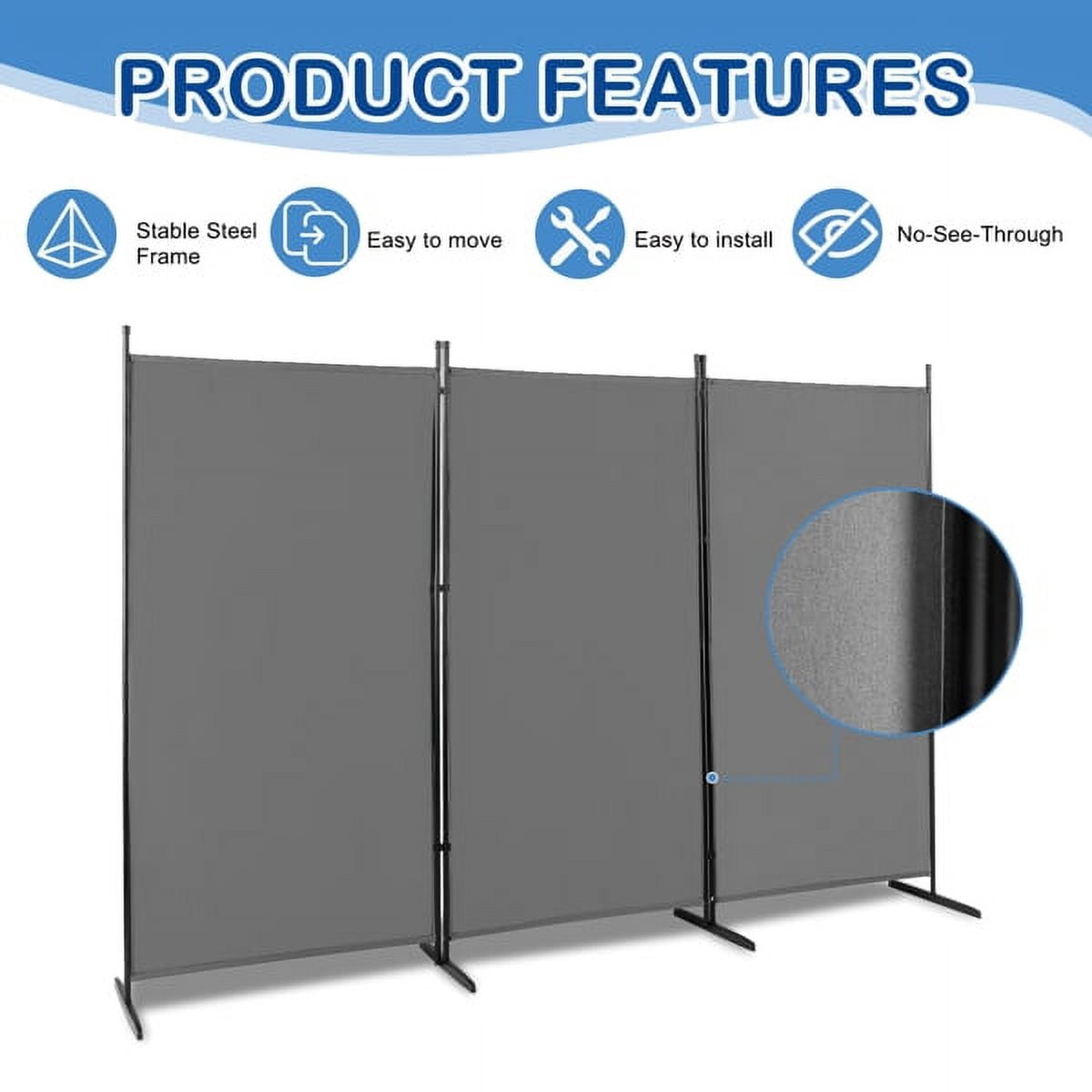 Alvantor 6 ft 3-Panel Room Divider, 102.8 in Wide Foldable Polyester Fabric with Carbon Steel Frame, Gray