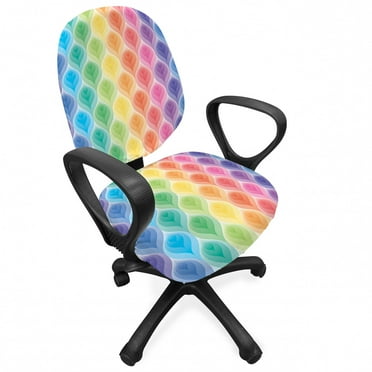 Geometric Office Chair Slipcover, Rainbow Colored Ornamental Vintage Floral Arrangement Leaf Pattern Retro Design, Protective Stretch Decorative Fabric Cover, Standard Size, Multicolor, by Ambesonne