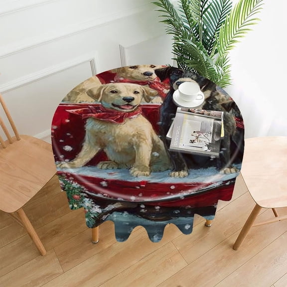RKSupls 60 Inch Round Tablecloth, Dogs Sleigh Christmas Snow Premium Polyester Straight Edge Wrinkle Resistant Washable Table Cover for Party Home Dining Decor