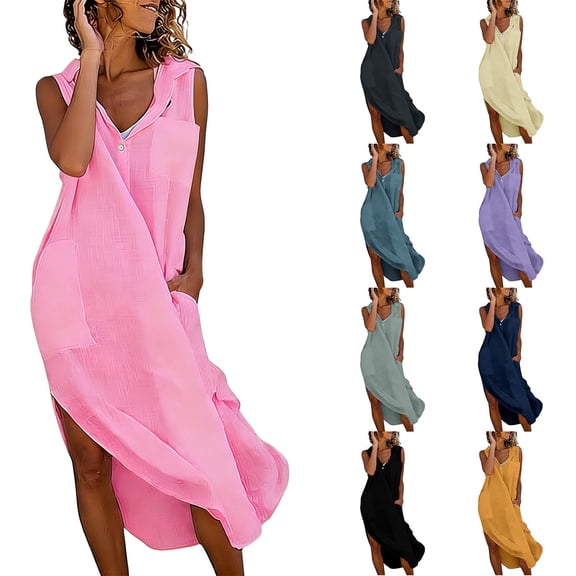 Vacation Dresses for Women Button Up Collared Shirt Dress with Pocket Solid Color Sleeveless Maxi Dress Summer Beach Split Dresses