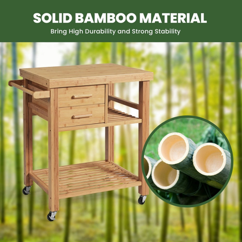 Finihen Rolling Cart, Kitchen Island Cart, Bamboo Kitchen Trolley Cart with Tower Rack and Drawers, for Kitchen, Dining Room, Natural Finihen Rolling Cart, Kitchen Island Cart, Bamboo Kitchen Trolley Cart with Tower Rack and Drawers, for Kitchen, Dining Room, Natural