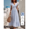 thumbnail image 3 of Blue And White Striped V-Neck Cinched Waist Maxi Shirt Dress With Ruffle Sleeves For Summer Casual Wear, 3 of 7