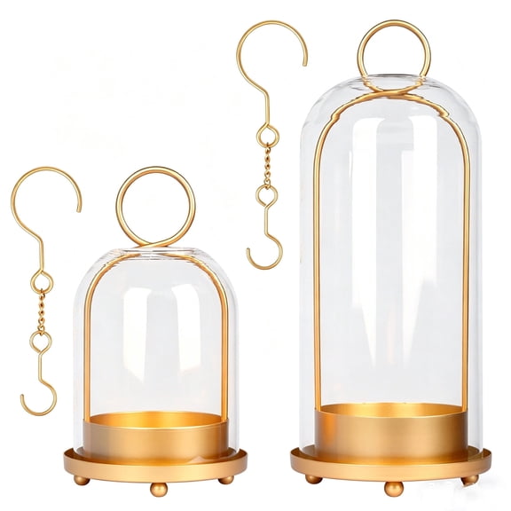 5" & 4" Wide Versatile Metal Candle Holder, Set of 2 Metal Candle Holder with Handmade Sturdy Glass Dome, Candle Lantern for Pillar Candles, Plants, Table Centerpiece, Home Decor
