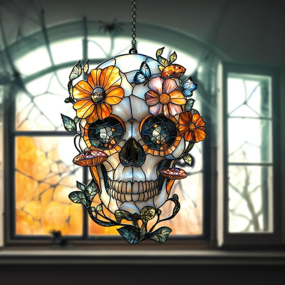 Boho Floral Sugar Skull With Mushrooms Acrylic Suncatcher Faux Stained Glass Window Hanging Halloween Dia De Los Muertos Gift