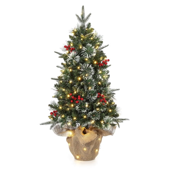 3ft Pre-Lit Artificial Mini Christmas Tree with 78 Led Lights & Burlap Base Festive Tabletop Xmas Decor with Berries for Home, Office, or Outdoor Use