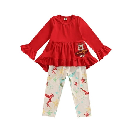 

FOCUSNORM 2PCS Toddler Baby Girls Christmas Outfits Reindeer Print Long Sleeve Ruffle Dress Tops+Long Pants Set