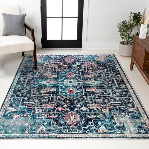 JONATHAN Y CALIFORNIA VINTAGE 3 x 5 Area Rug, Zafra Vintage Medallion - Peacock Blue/Navy, CAV101A-3
