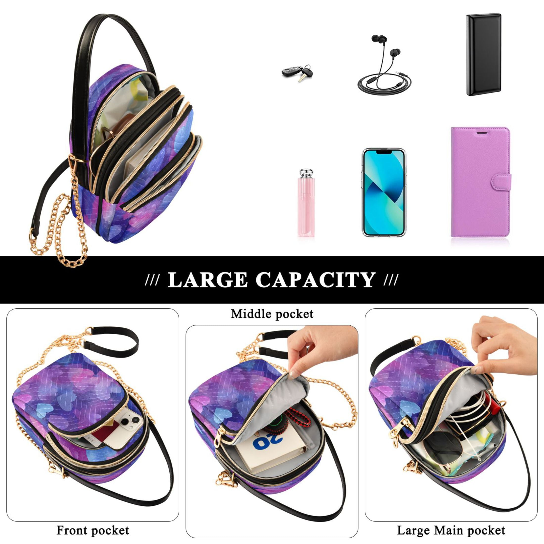 Quilted Women's Crossbody Bag Purses and Handbags with Detachable Leather Strap Indigo and Violet Hearts