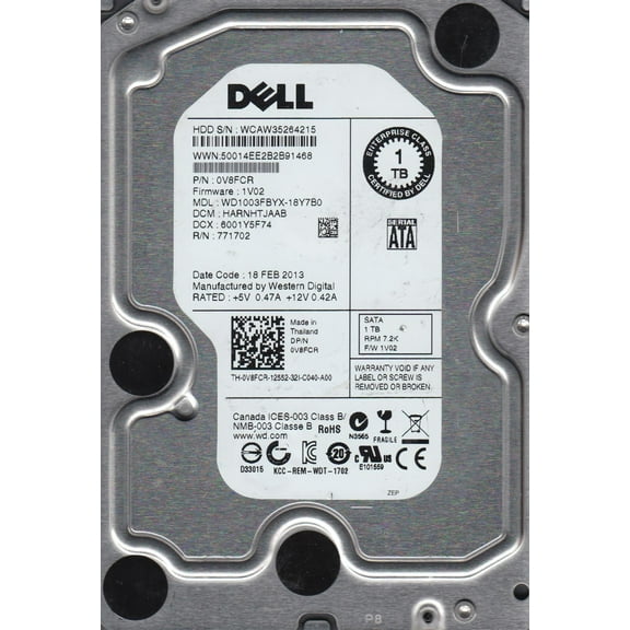 WD1003FBYX-18Y7B0, DCM HARNHTJAAB, Dell 1TB SATA 3.5 Hard Drive