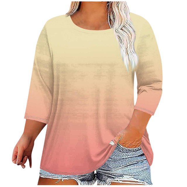 aidice Hauts Grande Taille pour Femmes Col Rond Manches 3/4 T-Shirts Confortables Dégradé de Couleur