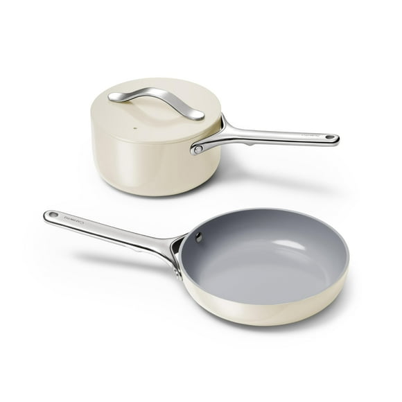 Juego de mini utensilios de cocina Caraway - Sartén de cerámica antiadherente (1.05 qt, 8") Cacerola para salsa (1.75 qt) y estante de almacenamiento - No tóxico, libre de PTFE y PFOA - Apto para horn