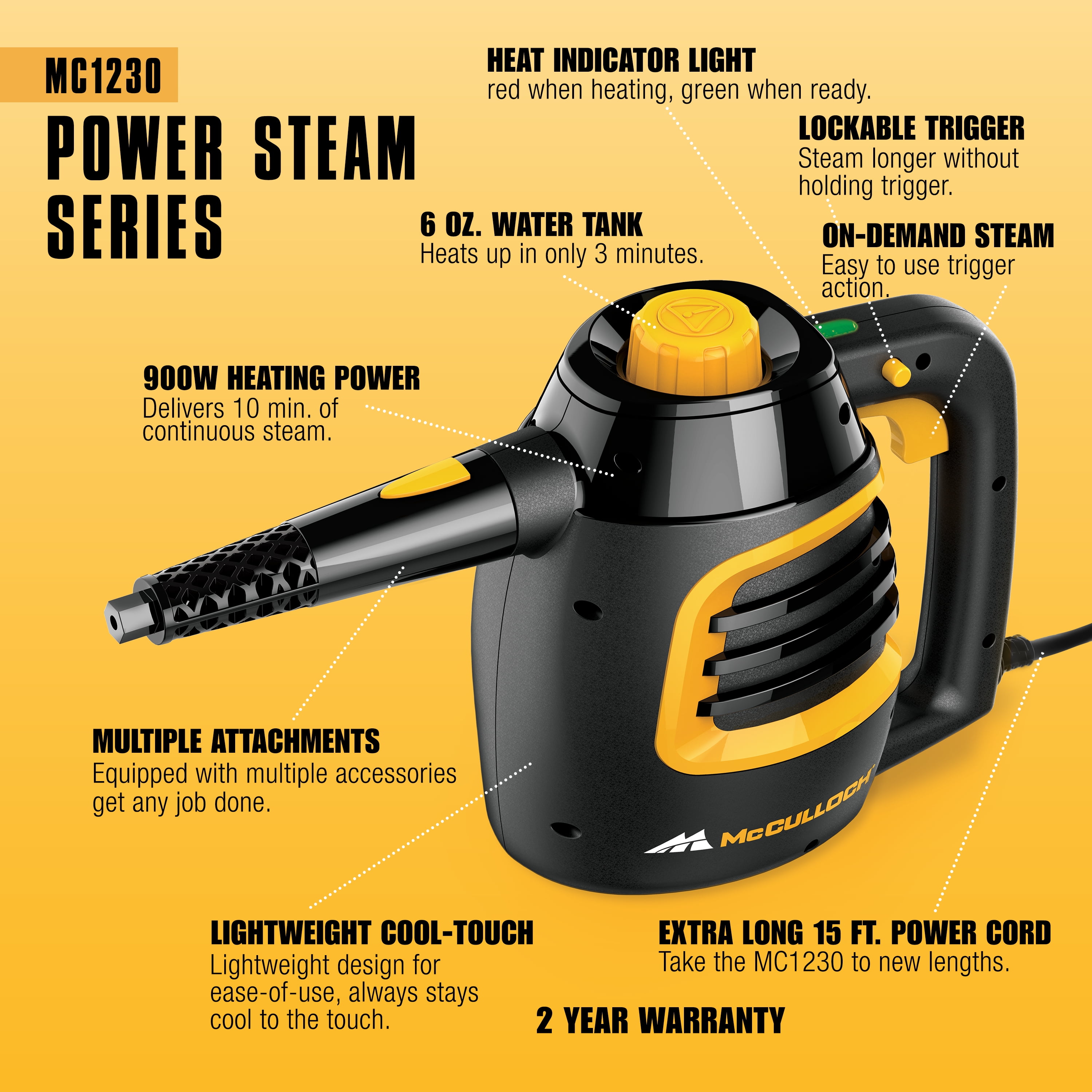 McCulloch MC1230 Handheld Steam Cleaner, 10 Minute Runtime, 11 Accessories: Jet Nozzle, Brushes, & More - Built for Home, Tile, Grout, Carpet, Furniture, Car Detailing, & Commercial Deep Cleaning