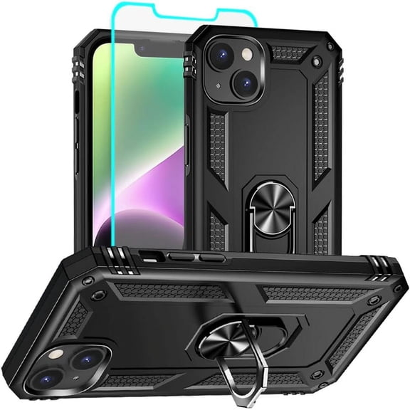 for iphone 14 Case, iphone 14 Phone Case with HD Screen Protector, [Military Grade 16ft. Drop Tested] Ring Shockproof Protective Phone Case for iphone 14,Black