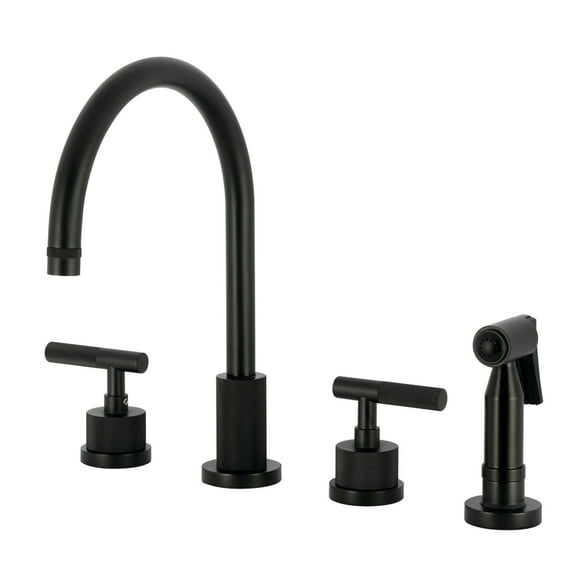 Kingston Brass KS8720KNLBS Convergent Double-Handle 4-Hole Widespread Kitchen Faucet with Knurled Handle 4-Hole and Brass Sprayer in Matte Black