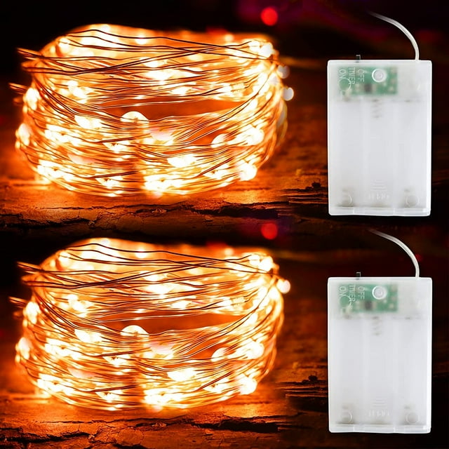 Halloween Decorations Orange String Lights with Timer 2Pack Total 100LED 32.8Ft Indoor Fairy Lights Battery Operated Copper Wire