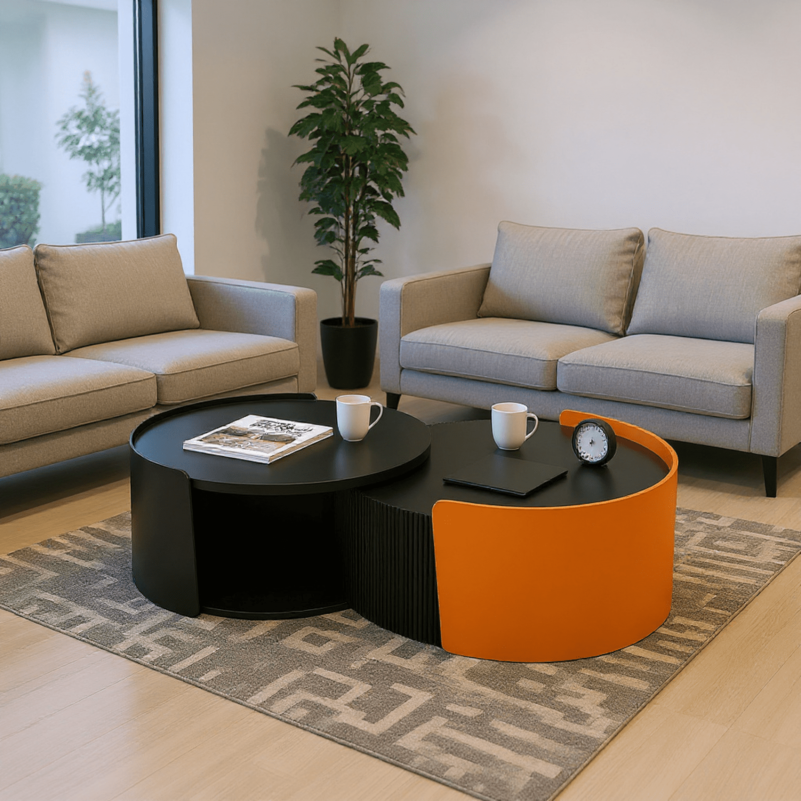 Homy Casa Modern Round Coffee Table Set with Storage, Black & Orange Finish, 2-Piece Design
