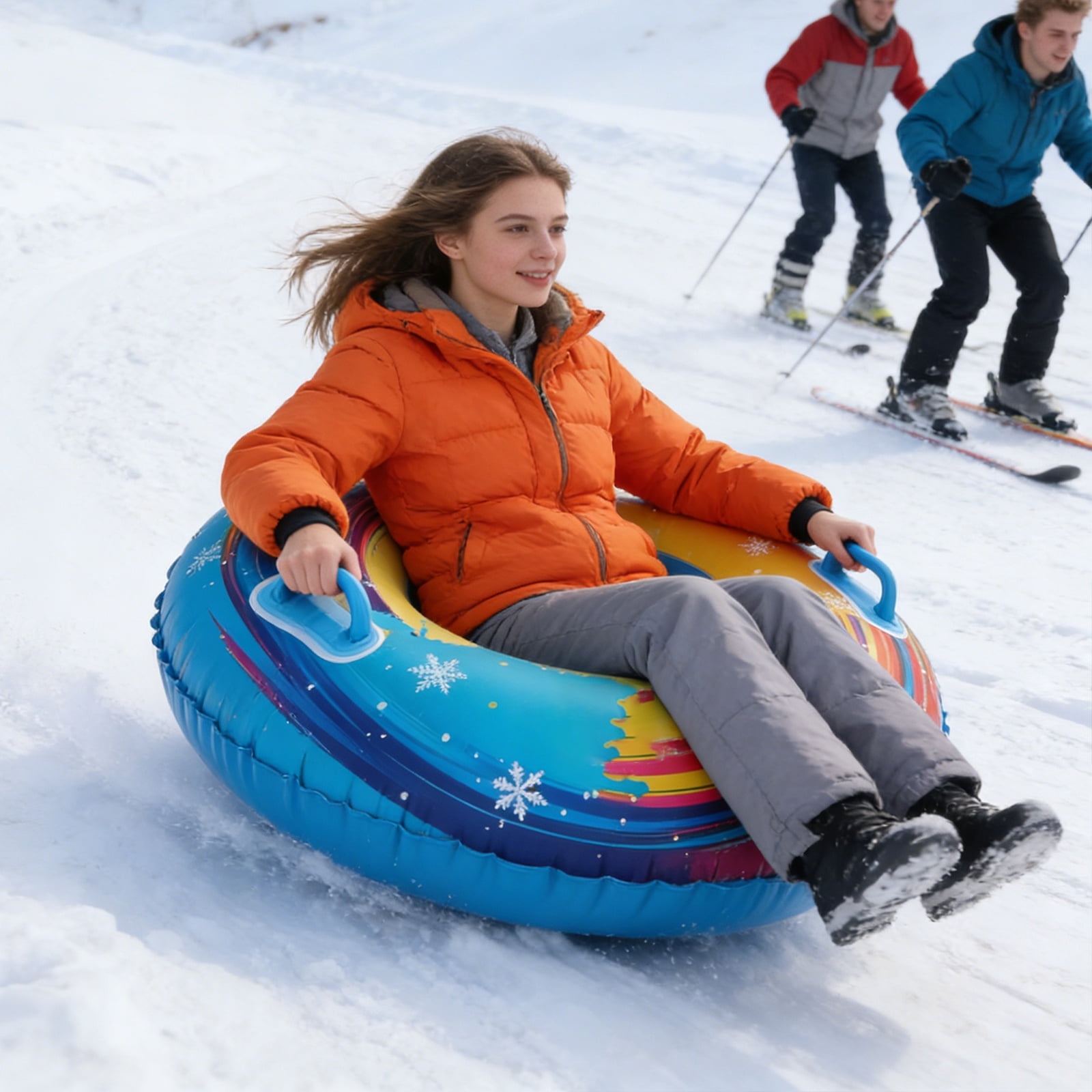 Inflatable Snow Sled, Snow Tubes Heavy Duty, Thick Vinyl Plastic, Snow Tubes for Sledding Heavy Duty, Winter Outdoor Recreation, Multicolor Splash, 47 In, 1 Pc