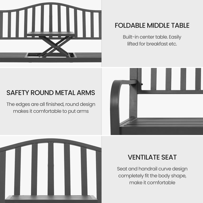Naipo 59-Inch Metal Garden Bench with Built-In Table, Gray photo 4