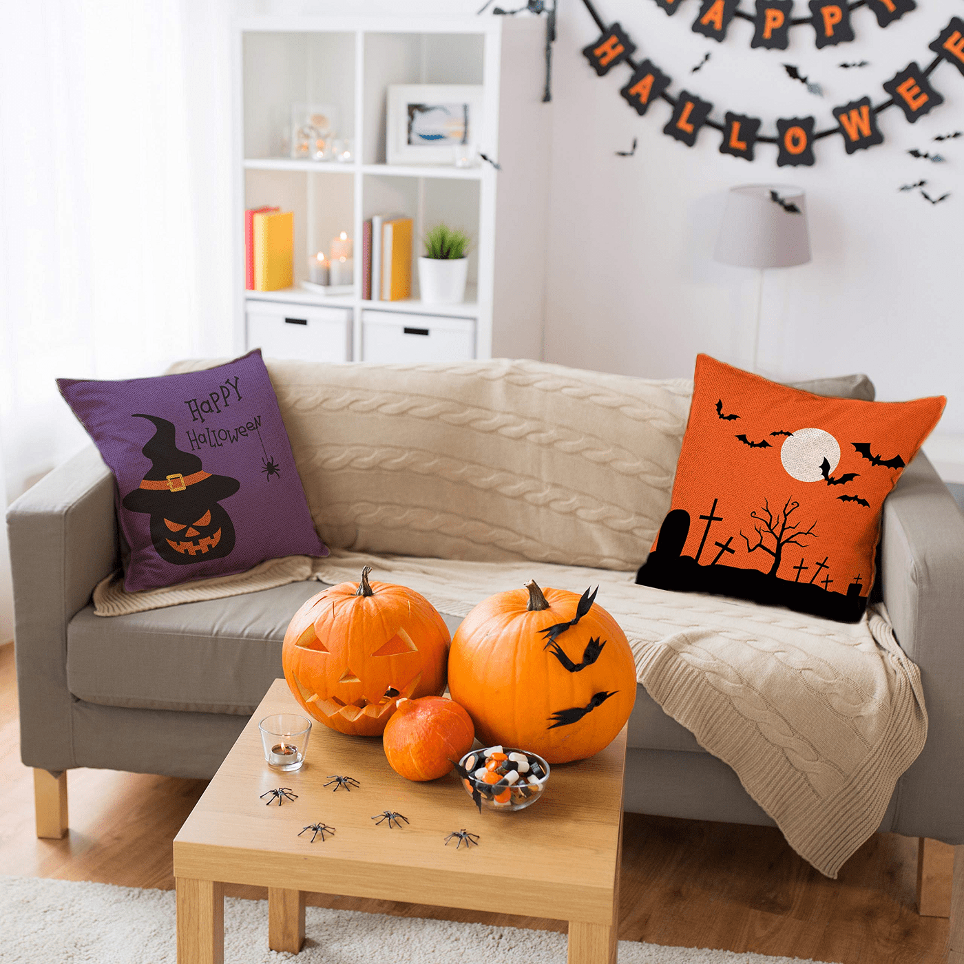 Halloween Series Pumpkin Cat Cotton Linen Pillow Cases Sofa Throw Cushion Cover. 