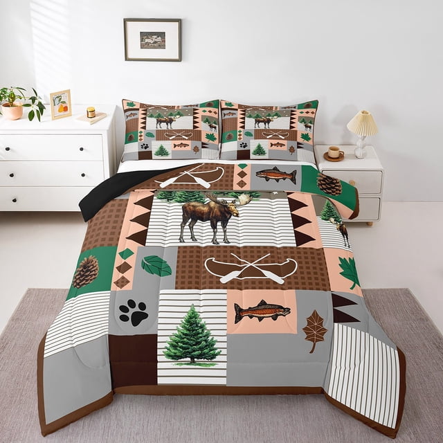 Ensemble de Douillette Moose Lodge, Ensemble de Literie Aventure Rustique Ferme Bateau Achigan pour Chambre d'Ados Adultes, Ensemble de Courtepointe Patchwork Rétro Carreaux Rayures Brun Gris 3 Pcs avec 2 Taies d'Oreiller, Grand