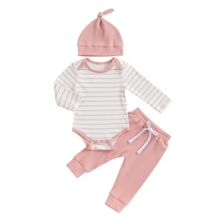 

HOANSELAY 0-18M Baby Clothing Set Striped Romper with Pants and Hat Infant Baby Spring Clothes