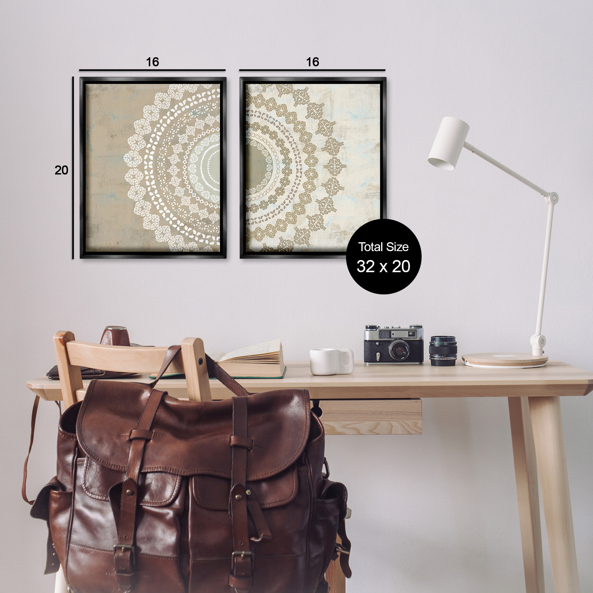 Stupell Industries Rustic Mandala Boho Pattern Abstract Painting Black Floater Framed Canvas Art Print Wall Art, 17 x 21, Set of 2