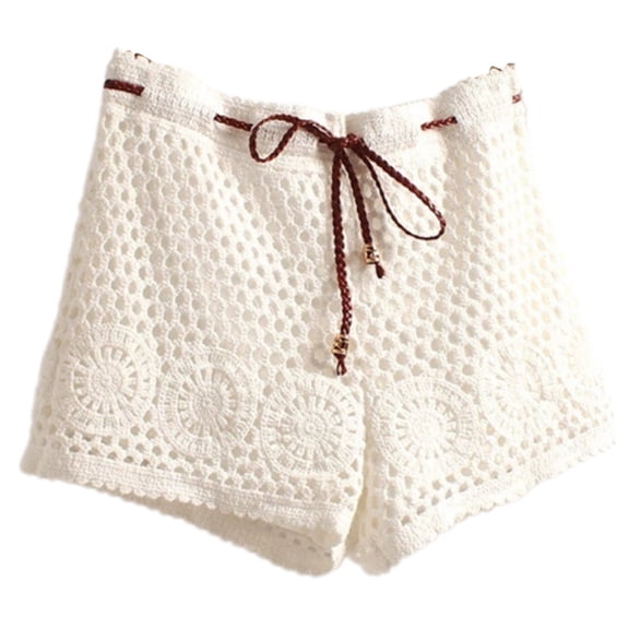 Women's Drawstring High Waist Crochet Beach Shorts Hollowout Knitted Wide Leg Bathing Suit Bottom Coverup Beachwear