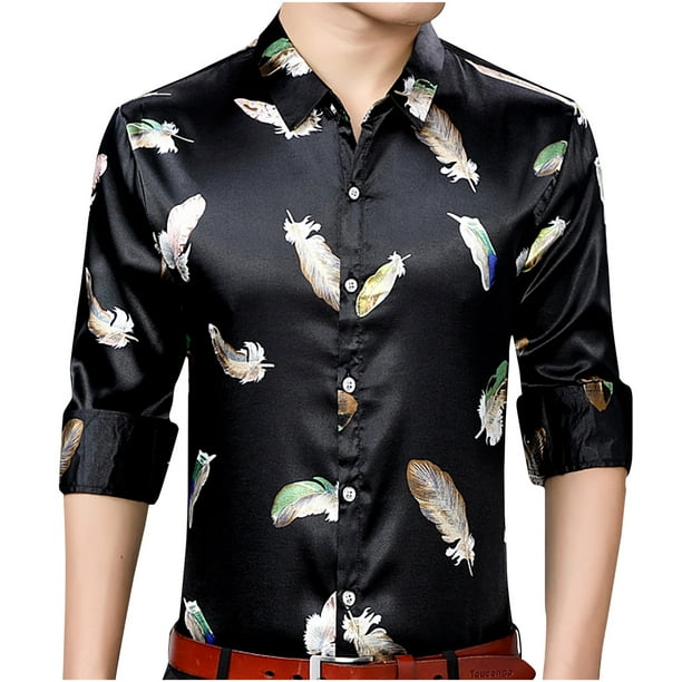 Camisa tipo cárdigan de manga larga con estampado de plumas de imitación mercerizado para hombre Pompotops oipoqjl26184