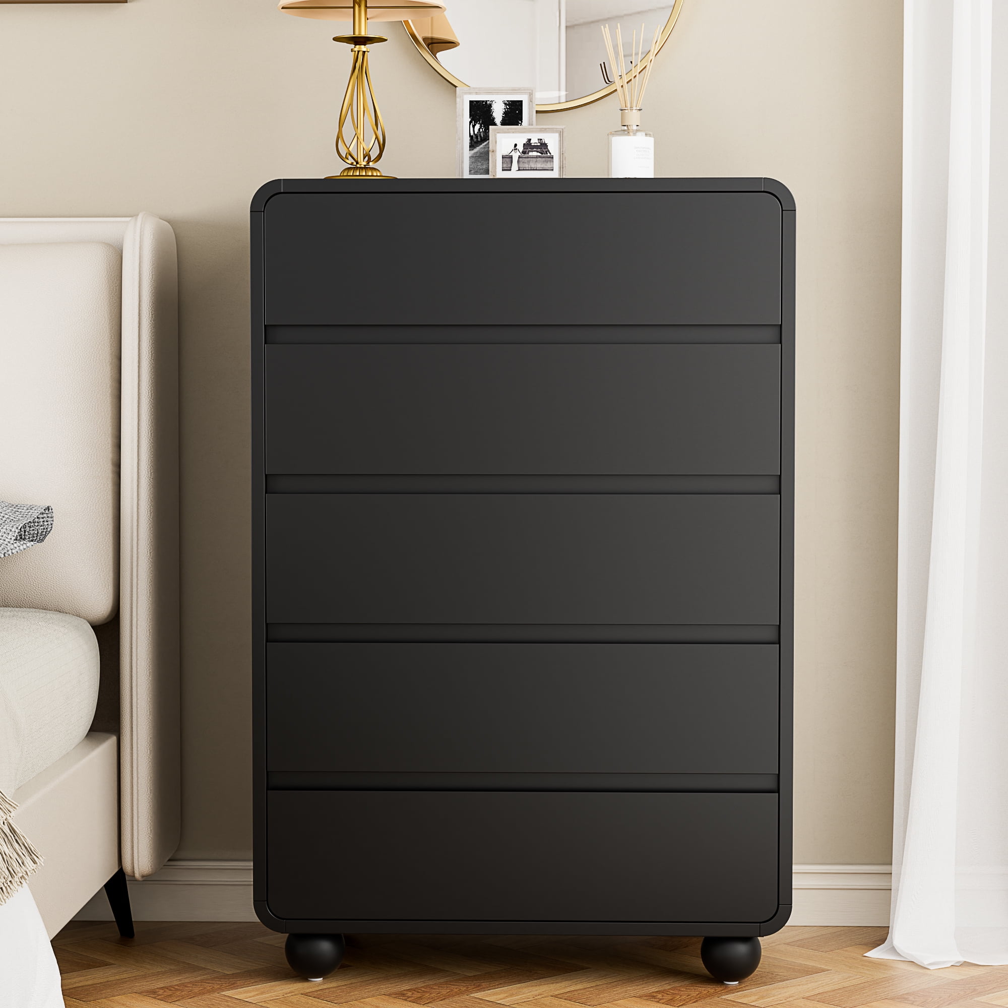 Aufeile 41" Tall Dresser for Bedroom, 5 Drawer Modern Wood Dresser with Curved Profile, Chest of Drawers for Bedroom, Vertical Storage Cabinet for Living Room, Entryway, Black