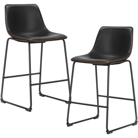 Sybels Set of 2 Modern Counter Stools , Backrest Bar Chairs with Foot Rail, PU Leather Upholstered Kitchen Island Seating with Strong Metal Base, Black