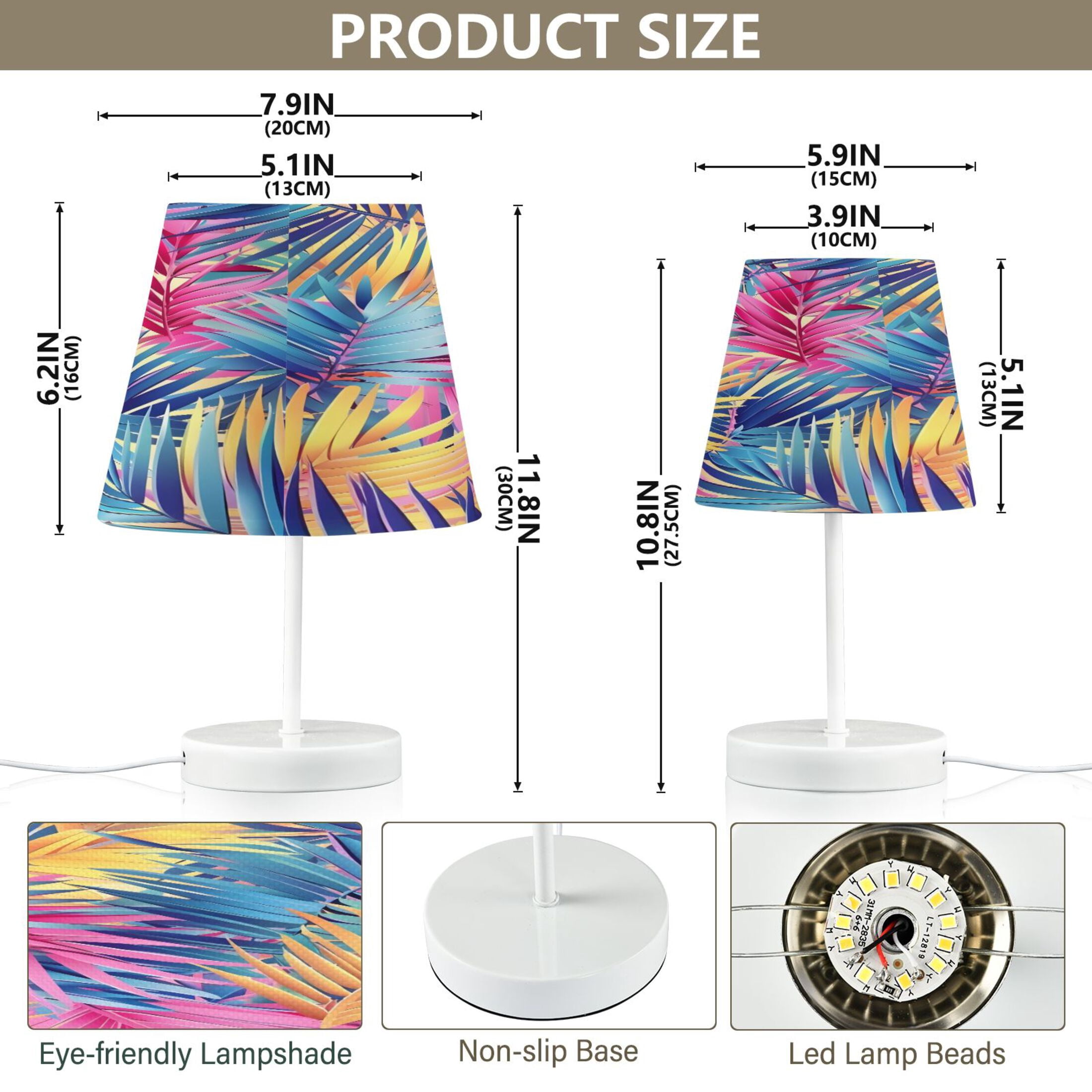 Colorful Tropical Palm Leaves Desk Lamp LED Table Nightstand Lamps with 3 Color Temperatures for Home Bedroom Living Room Decor 8x12