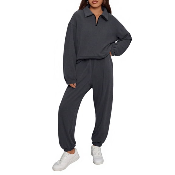 Women Sweatsuits Half Zip Fleece Sweatshirt and Pant 2 Piece Joggers Set Tracksuit Dark Gray XXL