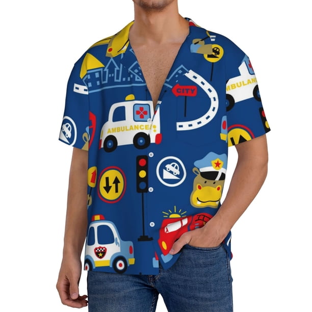 Balery Animals Rescue Team Camisa Casual de Manga Corta con Botones para Hombre, Texturizada, Estilo Cubano, para Playa, Verano-Large