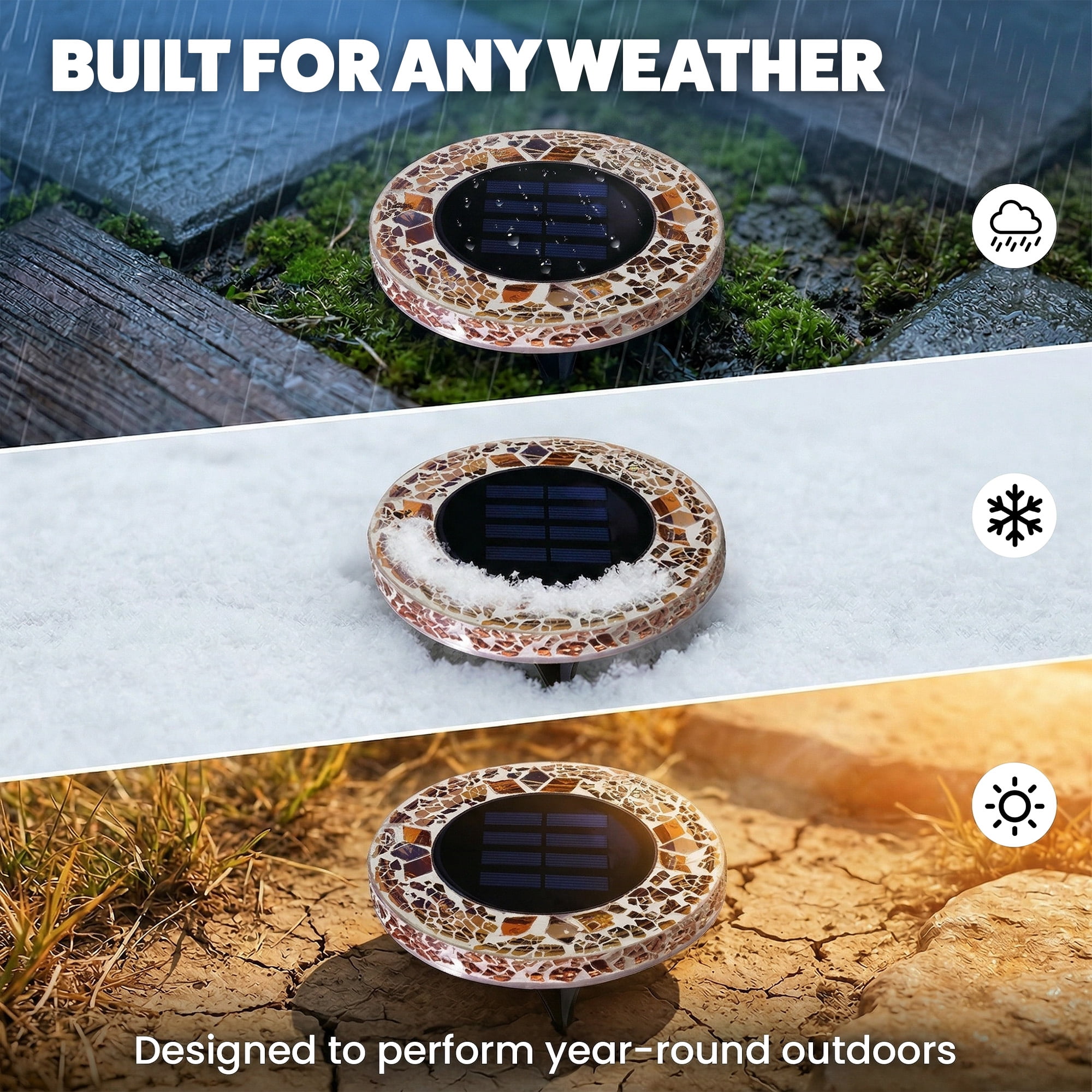 Bell+Howell Solar Outdoor Mosaic Disk Lights, 4 Pack Ultra-Premium Glass Decorative Pathway, Solar Outdoor Waterproof Disk, LED Pathway, Auto On/Off Lights - Tan