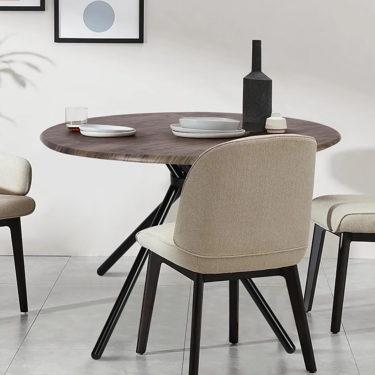Round Dining Table for 2-4 People, Wood Top Dining Table with Intersecting Pedestal Base & Metal Legs, Multifunctional Table for Kitchen Living Room Home Office
