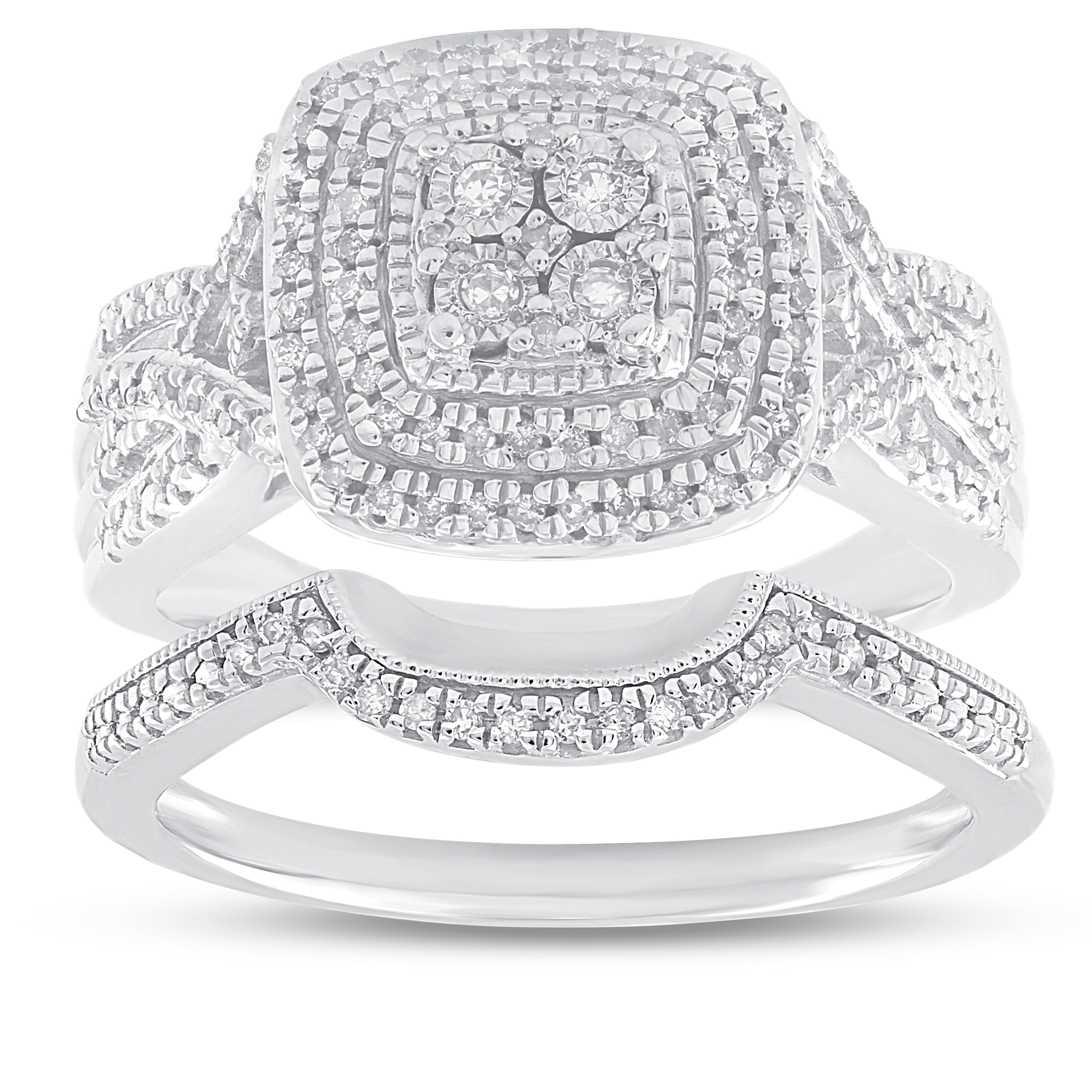 Forever Bride Sterling Silver 1/3 CTTW Diamond Cushion Bridal Ring Set, Women, Adults