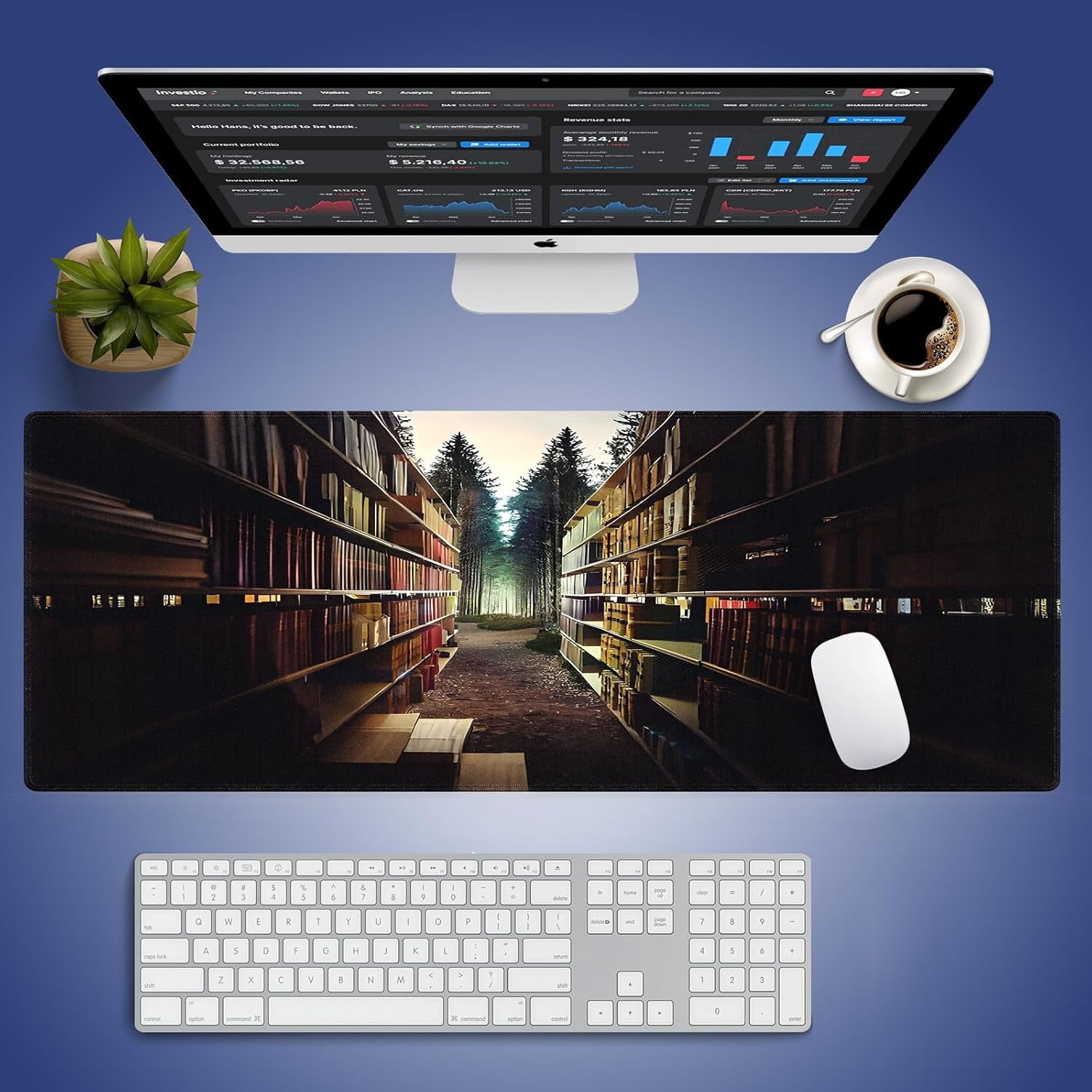 Extra Large Gaming & Office Mouse Pad (31.5" x 11.8") – Vintage Bookshelf Library in Forest Academic Themed, Premium Anti-Slip XXL Desk Mat with Durable Stitched Edges